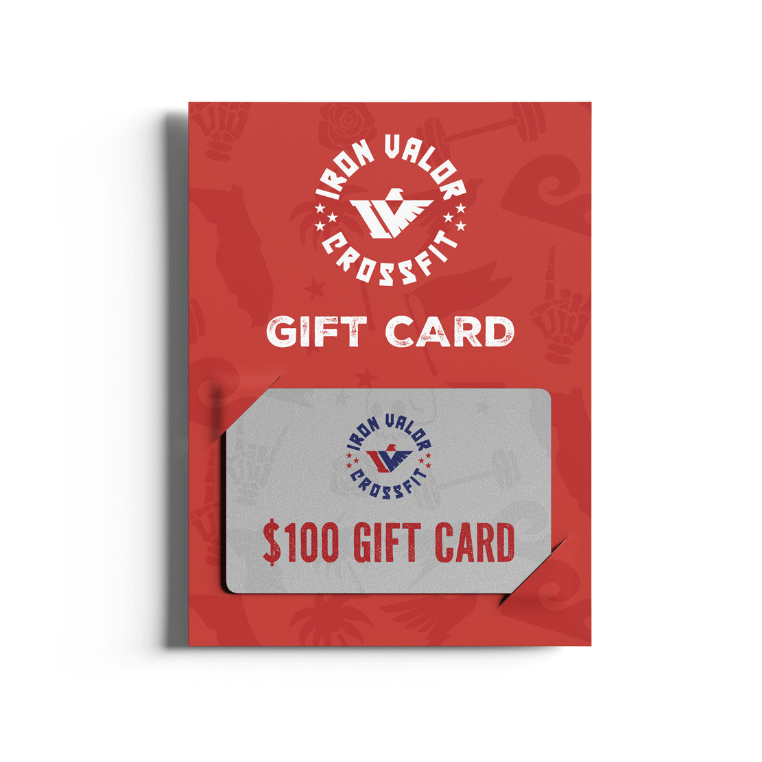 Red gift card packaging with Iron Valor CrossFit logo and $100 gift card inside.