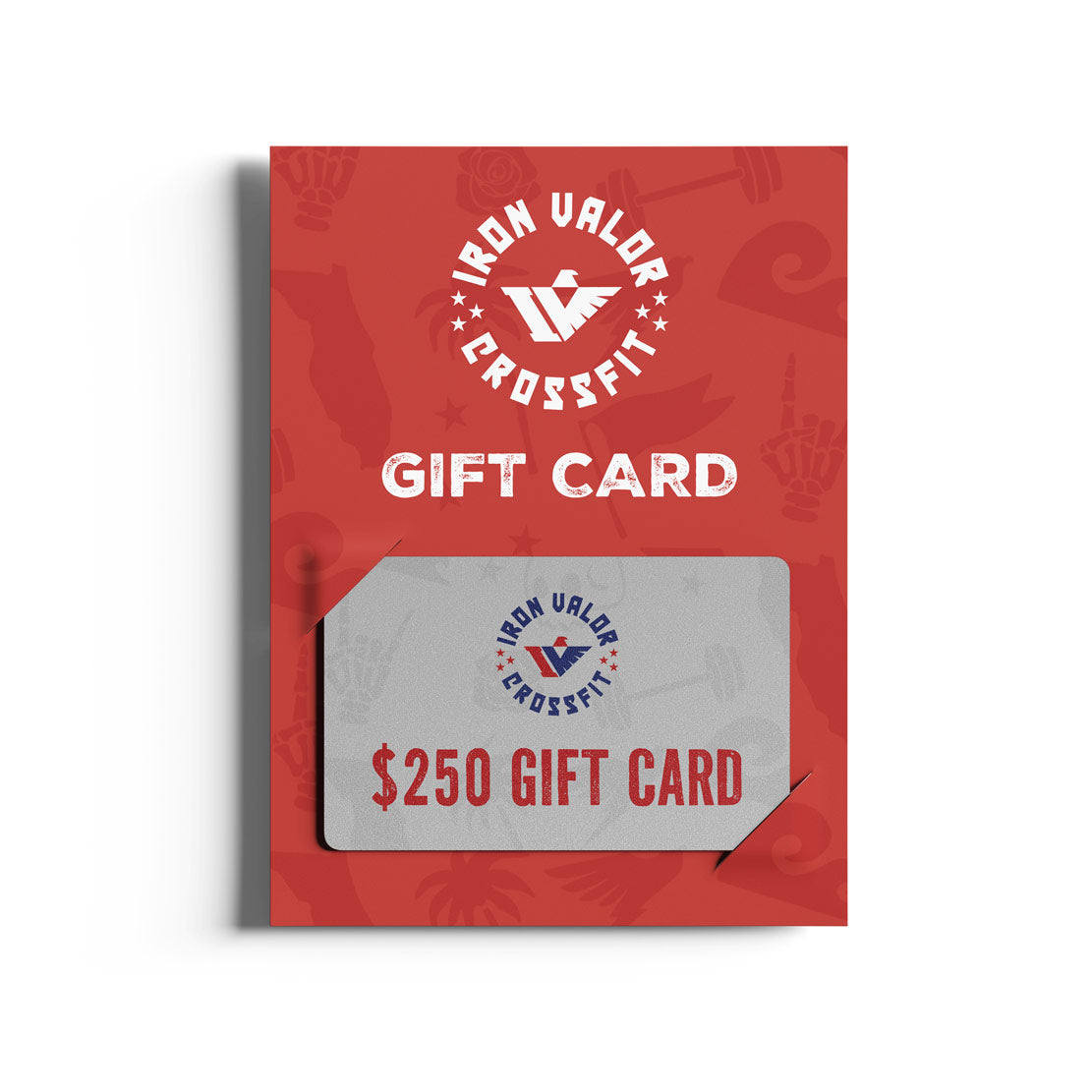 Red gift card packaging with Iron Valor CrossFit logo and $250 gift card text on a white background