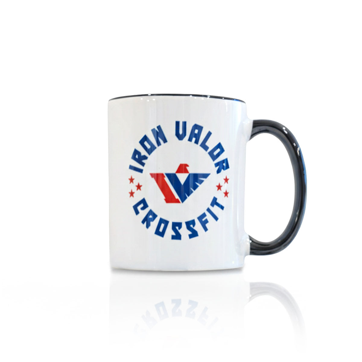 White mug with navy handle featuring 'Iron Valor CrossFit' logo on a white background