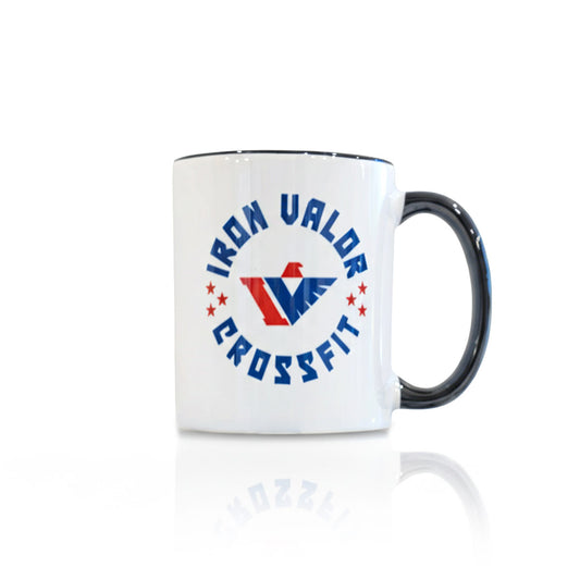 White mug with navy handle featuring 'Iron Valor CrossFit' logo on a white background