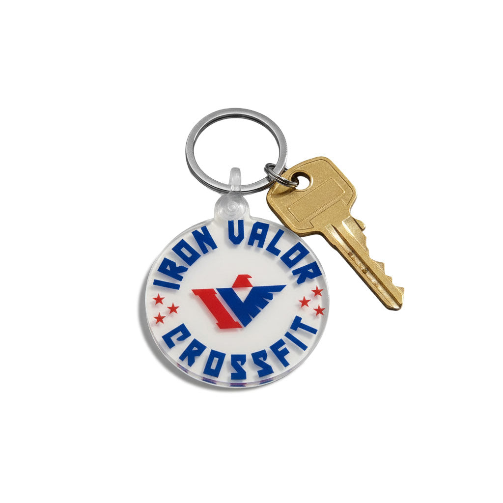 Keychain with a key and 'Iron Valor CrossFit' logo on a white background