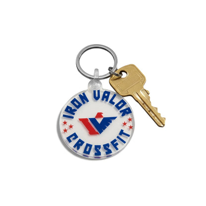 Keychain with a key and 'Iron Valor CrossFit' logo on a white background