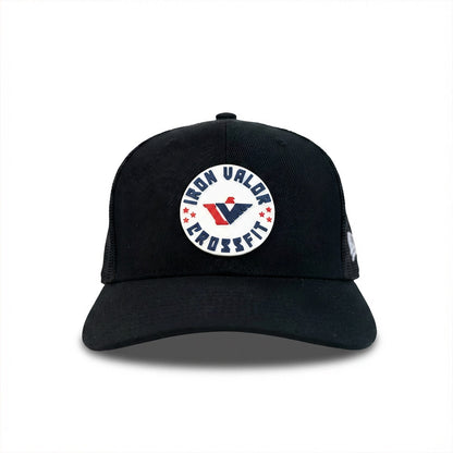 Black cap with Iron Valor CrossFit logo on a white background