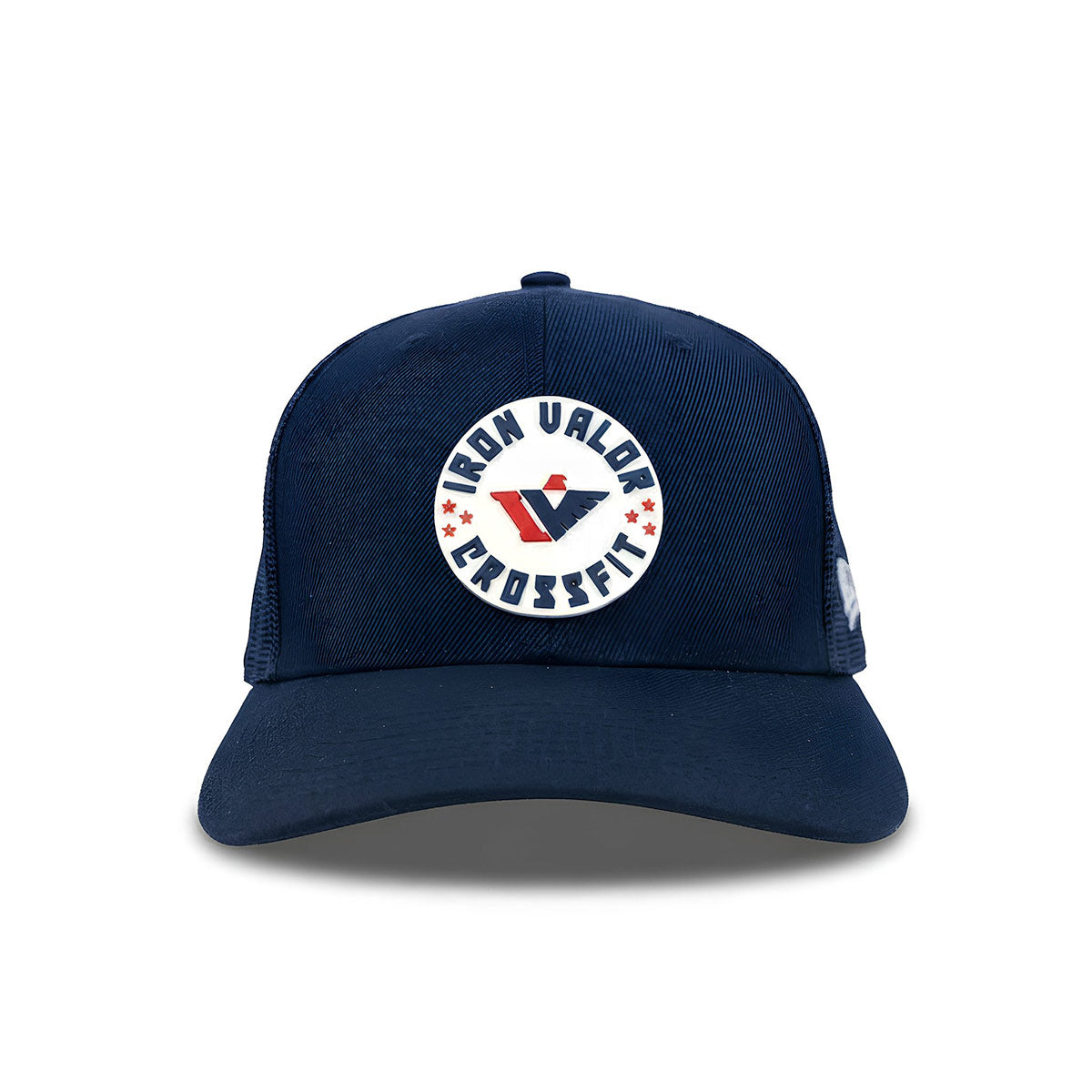 Navy blue cap with Iron Valor CrossFit logo on a white background