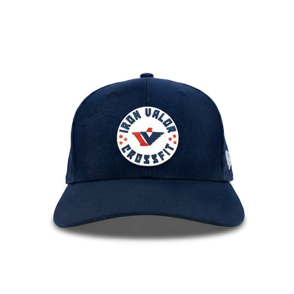 Navy blue cap with Iron Valor CrossFit logo on a white background