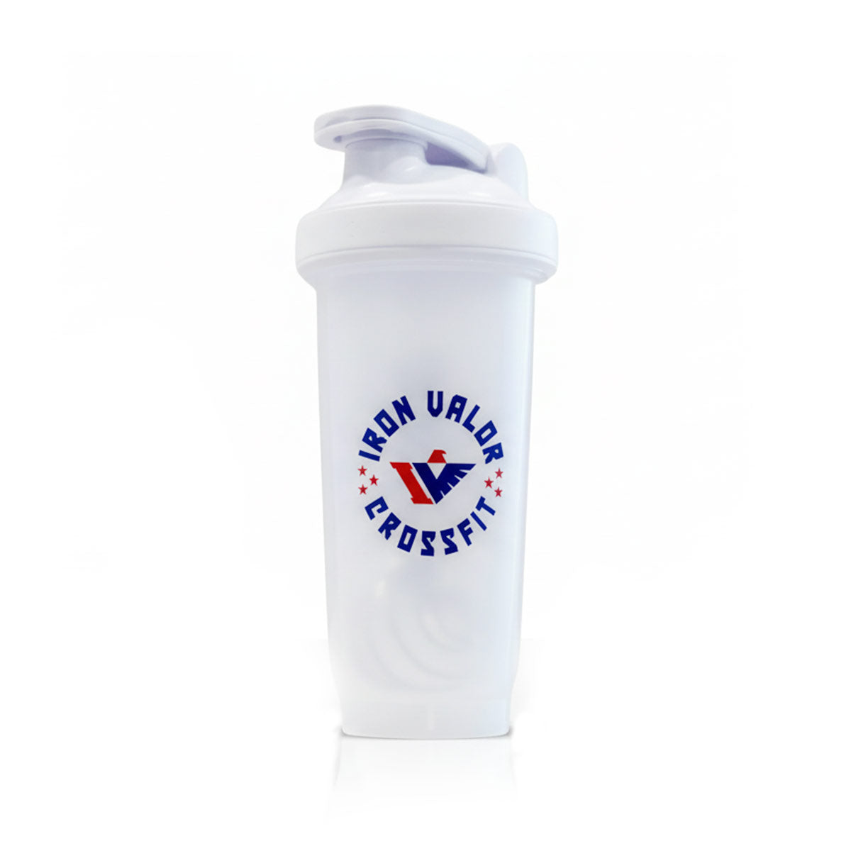 White shaker bottle with Iron Valor CrossFit logo on a white background
