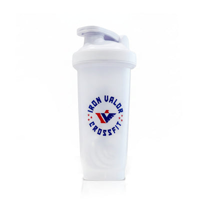 White shaker bottle with Iron Valor CrossFit logo on a white background