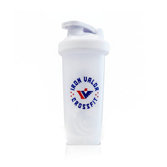 White shaker bottle with Iron Valor CrossFit logo on a white background