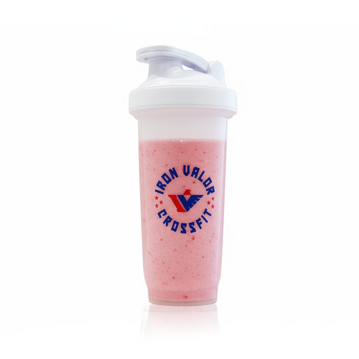 Shaker bottle with pink shake and Iron Valar CrossFit logo on a white background