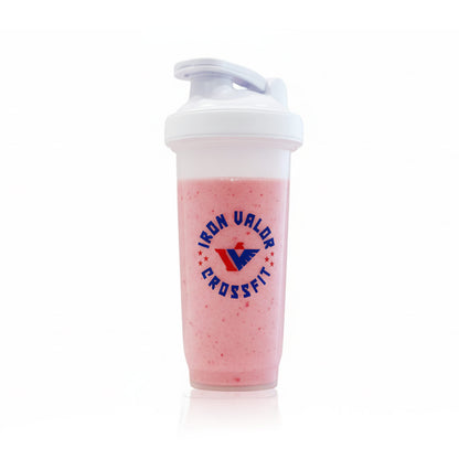 Shaker bottle with pink shake and Iron Valar CrossFit logo on a white background