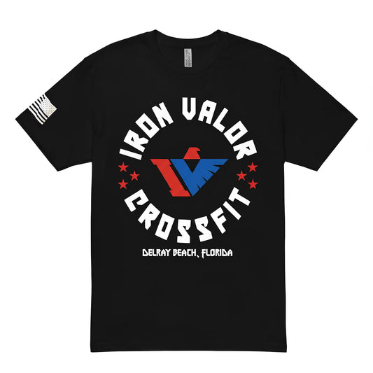Black t-shirt with Iron Valor CrossFit logo on a white background