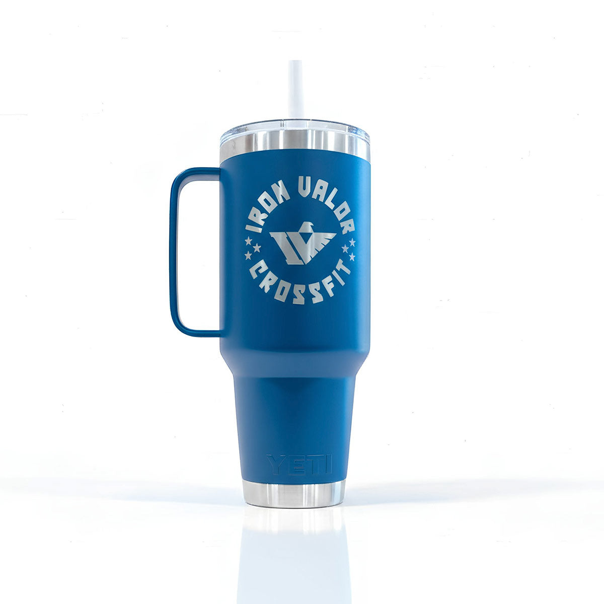 Blue mug with 'Iron Valor CrossFit' logo on a white background