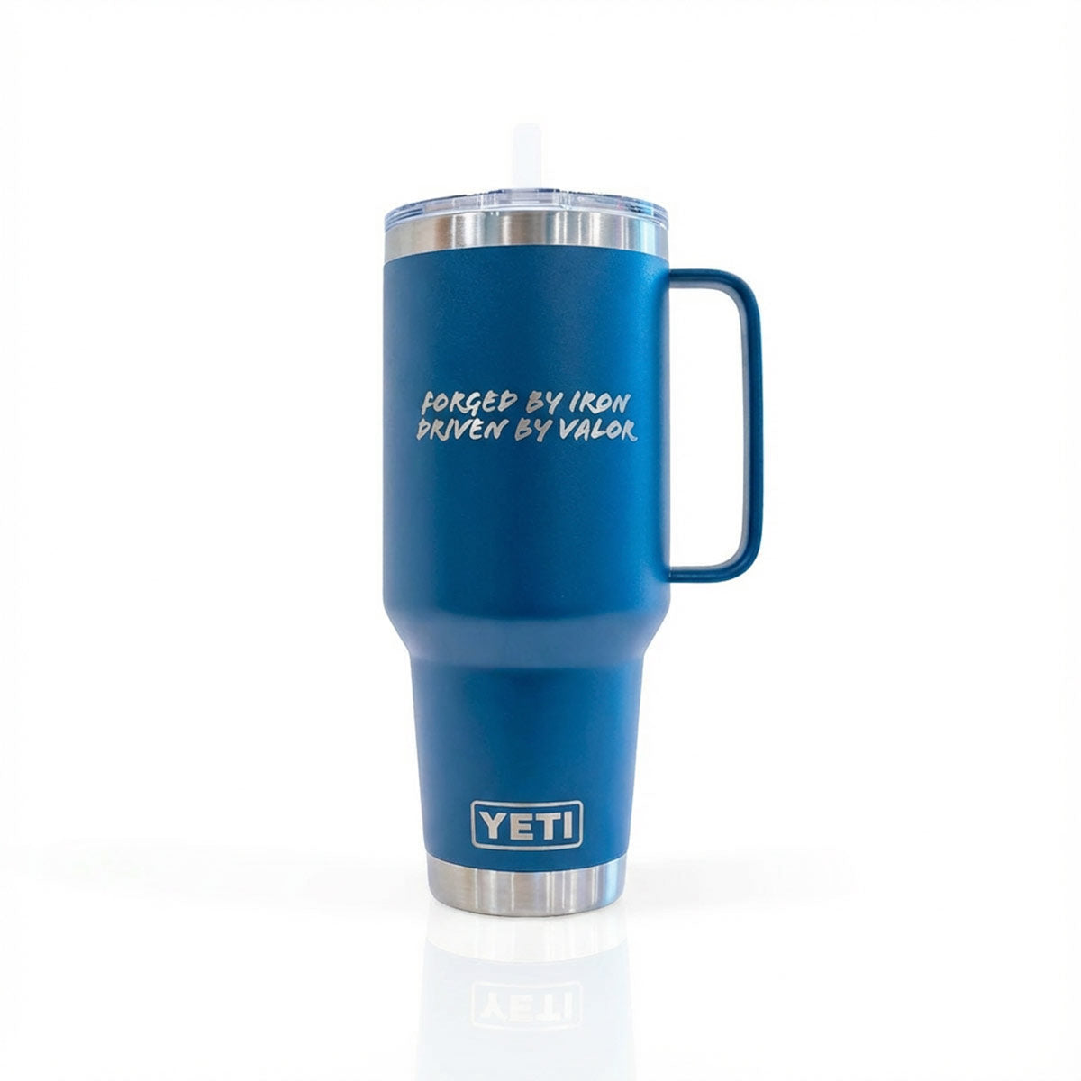 Blue YETI mug with text on a white background