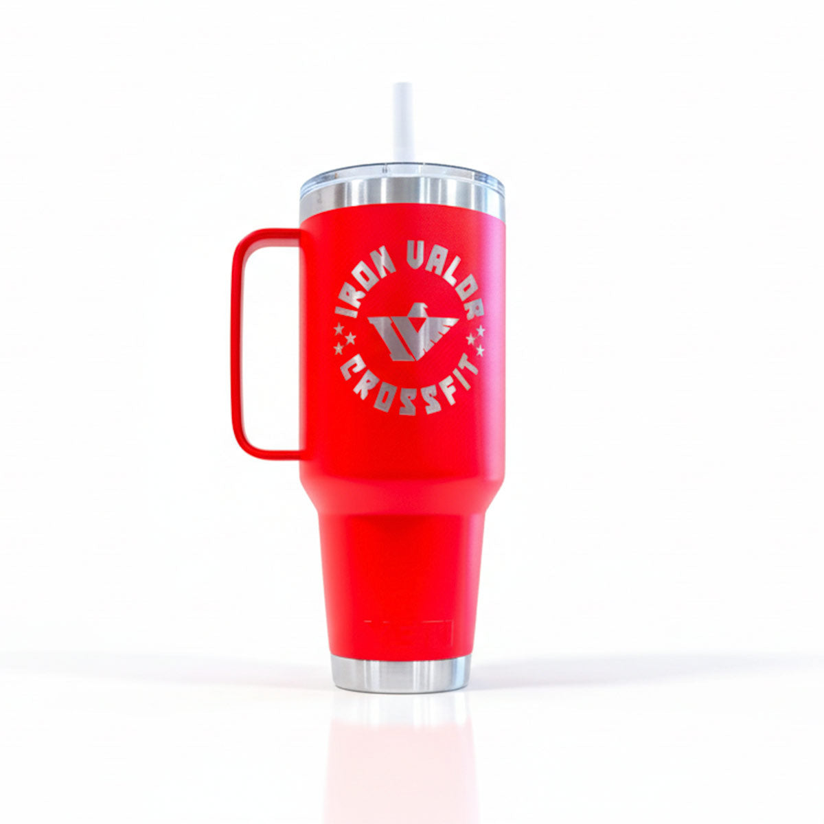 Red mug with 'Iron Valor CrossFit' logo on a white background