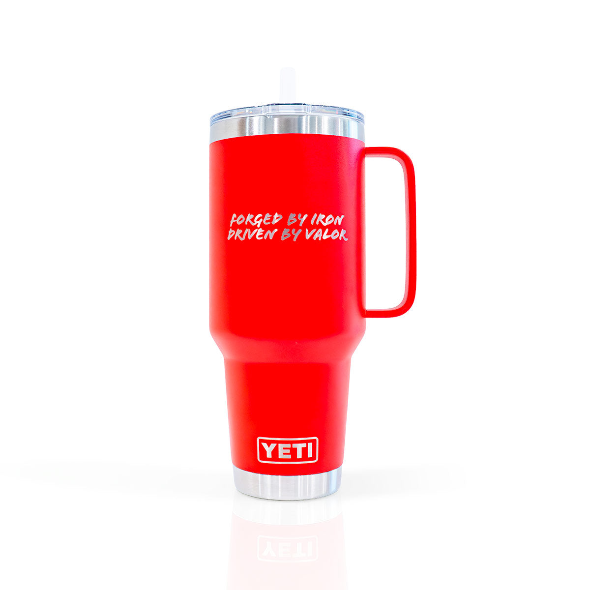 Red YETI mug with handle on a white background